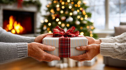 Two hands exchanging a beautifully wrapped gift with a festive ribbon in front of a decorated Christmas tree, creating a warm holiday atmosphere of giving and joy