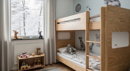 Cozy children's bedroom with wooden bunk beds and a snowy window view showcasing playful animal-themed decor