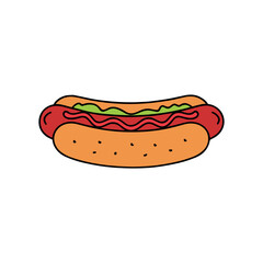 A cartoon illustration of a hot dog with toppings, ready to eat.