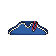 Cartoon depiction of a blue tricorn hat with white trim and a red cockade.