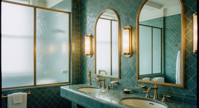 Elegant green tiled bathroom interior with dual sinks and vintage brass fixtures under warm lighting