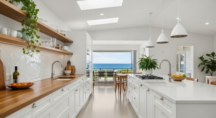 Fototapeta premium modern bright kitchen with wooden countertops and ocean view through sliding doors
