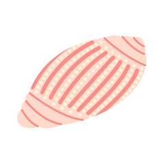 Bright pink seashell with dotted pattern, lines and soft rounded shape, drawn in cartoon flat vector style. For beach, vacation, sea, ocean, summer design. Isolated white background.