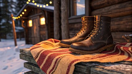 Brown leather boots on blanket outside log cabin with glowing windows in snowy winter setting