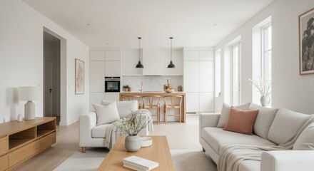 Bright modern open concept living room and kitchen with minimalist design and natural light