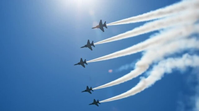 Airplanes flying in formation leaving white smoke trails against a clear blue sky with bright sunlight