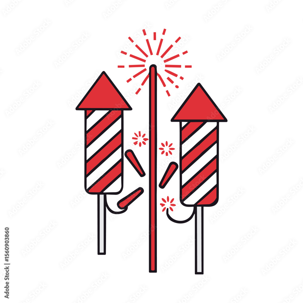 Aufkleber two red and white striped firecrackers exploding with sparks against a white background.