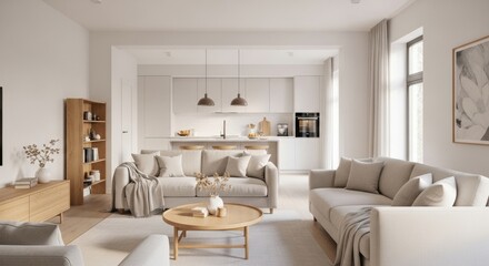 Modern minimalistic open concept living room and kitchen interior design with neutral tones and natural light