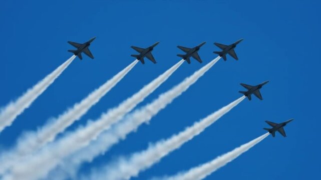 Formation of six fighter jets flying in the sky with white smoke trails during an air show display