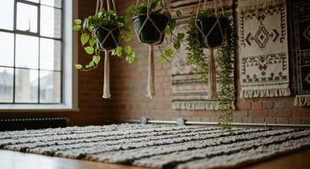 Cozy indoor space with hanging plants and textured wall rugs creating a warm atmosphere