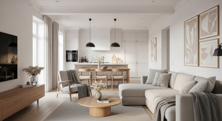 Modern minimalist living room and kitchen interior design with neutral tones and natural light