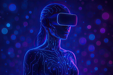 Naklejka premium Futuristic Female Figure Wearing Neon-Glowing Virtual Reality Headset with Circuit Patterns
