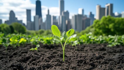 A young sprout emerges from dark soil, with a cityscape in the background.  Green leaves unfurl against a backdrop of tall buildings and greenery