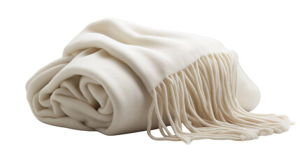 
A white rolled scarf isolated on a white background in transparent png style, featuring soft fabric, cozy texture, and elegant look.