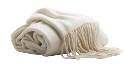 
A white rolled scarf isolated on a white background in transparent png style, featuring soft fabric, cozy texture, and elegant look.