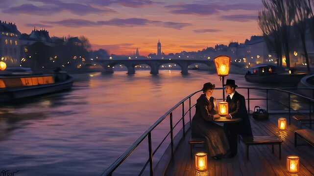 Paris Night Romantic Walk by the Seine with Sunset and City Lights Reflected on Water