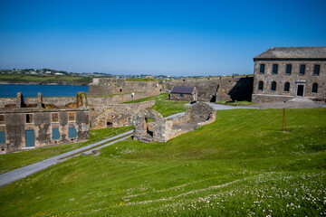 Kinsale, Ireland, May 20, 2024: Charles Fort British Fortress Ruins on Kinsale Bay with Rock Walls and Ramparts making up the castle and the Bay Defence 