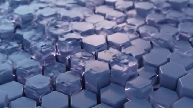 Close up view of a blue and gray hexagonal pattern with varying heights and slight reflections - Powered by Adobe