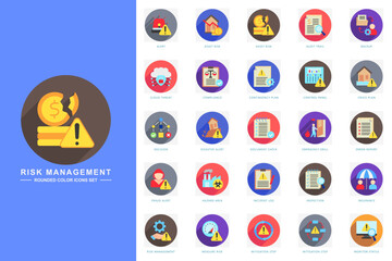 Risk management rounded color icons set. contain alert, asset risk, audit trail, risk management, insurance and more. use for modern concept, print, UI, UX kit, web and app development. Vector EPS 10