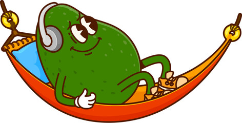 Cartoon groovy avocado character lying in hammock. Whole tropical fruit cute isolated groovy vector character or mascot. Ripe avocado personage relaxing on vacation, listening music in headphones