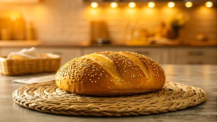 Freshly baked sesame seed loaf bread resting on woven placemat in warm cozy kitchen background homemade bakery concept

