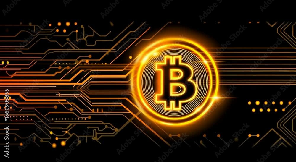 Poster a glowing bitcoin logo on top of an intricate circuit board background, symbolizing the futuristic n