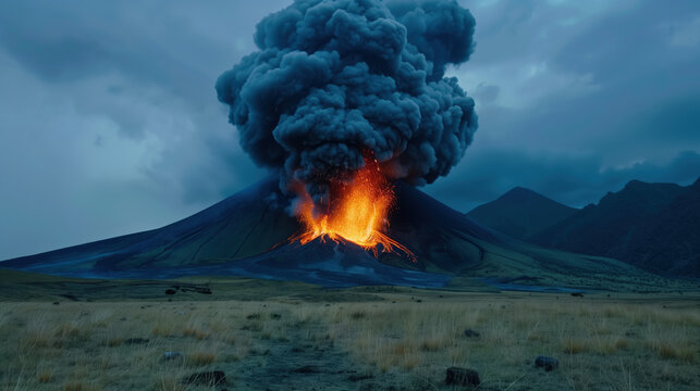 Volcanic Eruption with Dark Smoke Plume and Lava Flow