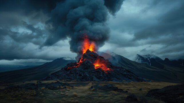 Volcanic Eruption with Lava and Smoke at Dusk