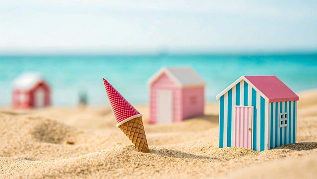 Melting ice cream cone upside down in sandy beach with colorful miniature huts and blurred turquoise sea summer vacation concept

 - Powered by Adobe