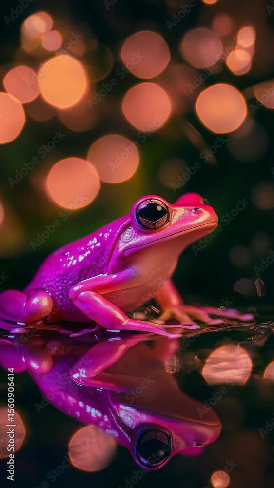 Poster vivid pink frog with large eyes amidst glowing bokeh, 3d animation style