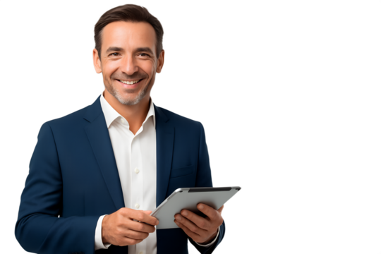 Confident Businessman Smiling While Holding Digital Tablet on without Background