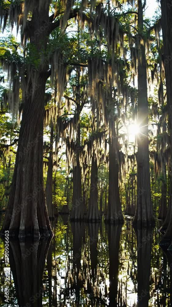 Poster sunlight filters through towering cypress trees draped in moss, captured from a low angle, creating 