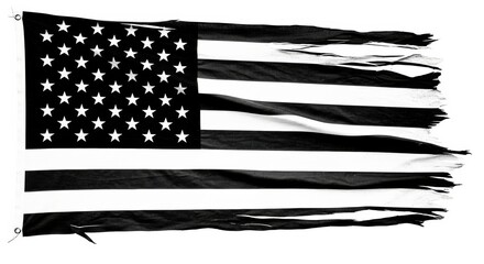 Ripped and Tattered Black and White American Flag on White