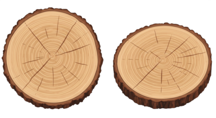 Two stylized tree slice illustrations with visible growth rings against a white background