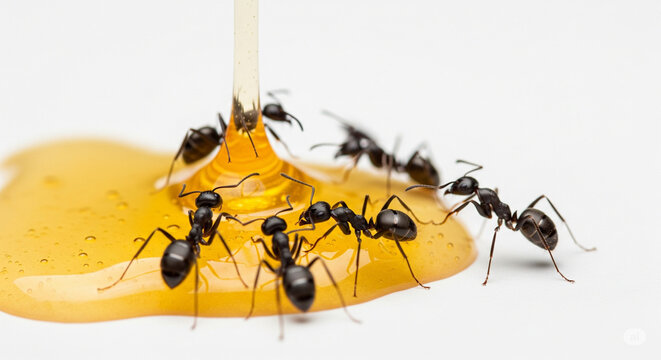 ants feeding on a drop of honey