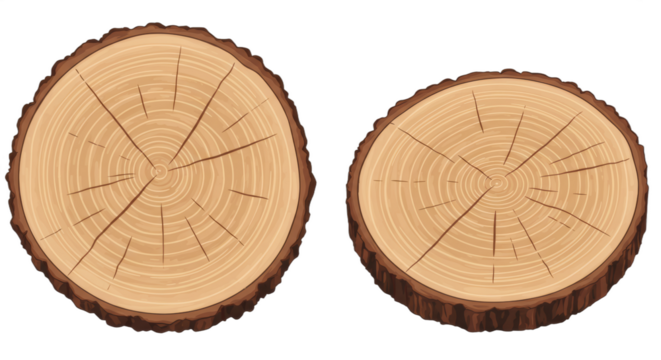 Two stylized tree slice illustrations with visible growth rings against a white background