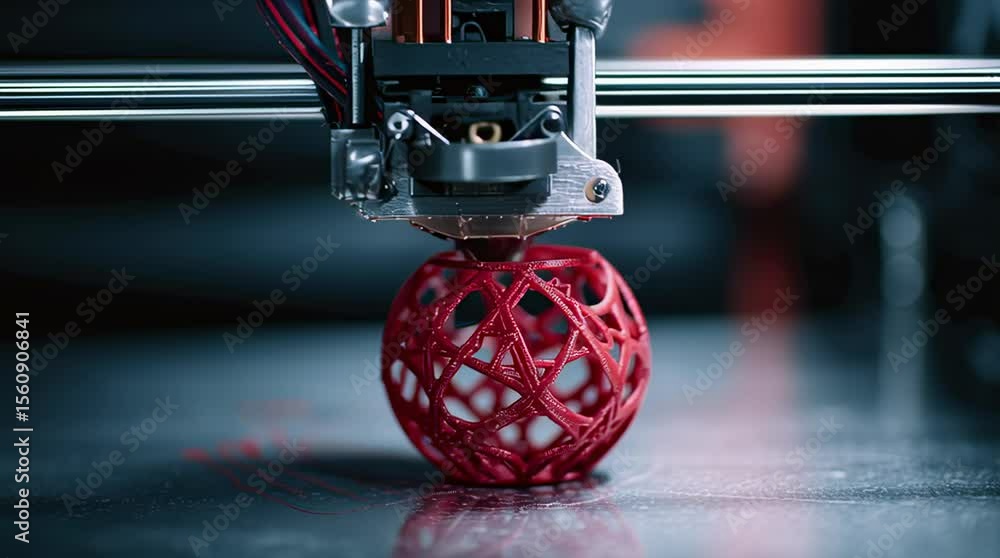 Poster Close-up of 3D Printer Creating Red Sphere