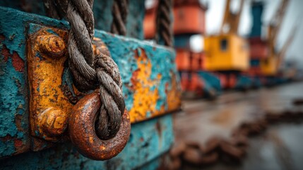 Rustic Harbor Details: A close-up captures the weathered textures of a maritime setting, showcasing a rope, ring and aged machinery with an intriguing contrast of rust, color, and industrial elements.