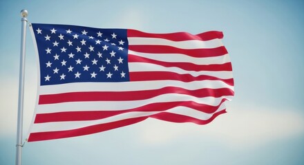 Fototapeta premium American Flag Waving on Flagpole Against a Hazy Blue Sky