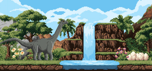 8bit pixel art prehistoric era landscape with dinosaur and dino eggs. Retro 2d videogame vector wallpaper, 8 bit arcade pixel background with brontosaurus dinosaur, river waterfall, jungle rainforest © Vector Tradition