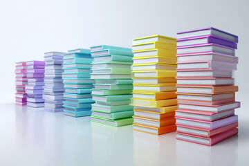Stacks of colorful books arranged in rainbow gradient pattern representing knowledge, education, learning, and creativity. Copy space