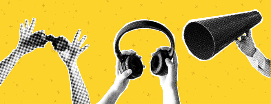Collage elements with hands and cut out figures and doodle elements. Vintage vector set. Retro style halftone effect. Hand gestures with headphones, binoculars and retro megaphone, loudspeaker. Advert