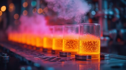 High-tech chemical reactor with glowing orange fluid, smoke and reflections in a lab.
