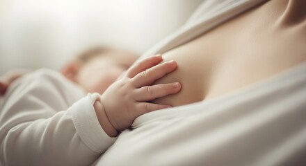 Close up of mother breastfeeding her baby with tender bonding moment and gentle touch of infant hand on mother's chest