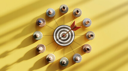 A target with an arrow in the center surrounded by people on a yellow background top view