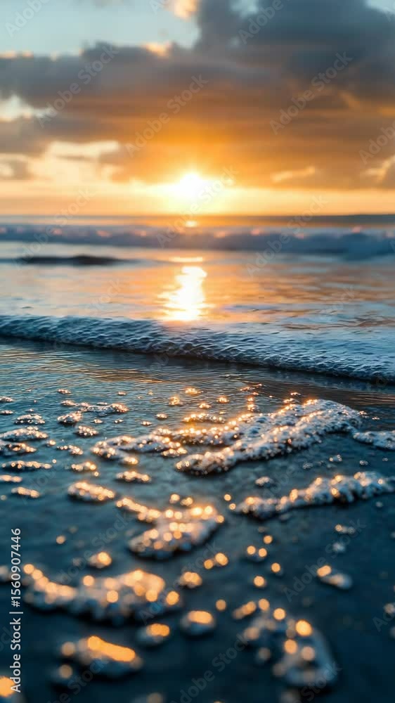 Poster golden sunlight reflecting on ocean waves at a serene beach setting