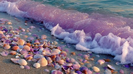 Seashells and the Ocean: An enchanting vista of a shoreline. The gentle foamy waves caress the coast and a plethora of seashell. capturing beauty and tranquility in one photo.