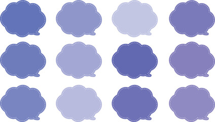 紫や青が入った１２色の雲の形をしたふきだしセット。吹き出しの内側は白い破線で囲まれている。
