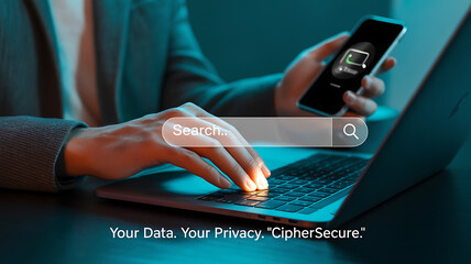 Person using laptop and holding phone with secure connection icon on the screen shown