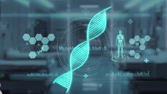 Close up of robotic hand pointing and tapping at DNA hologram with blur laboratory background. Robotic hand clicking at DNA icon to access and connect medical data to diagnosis symptom. Salubrious.